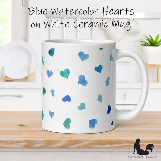 Mug - Blue Watercolor Hearts on White