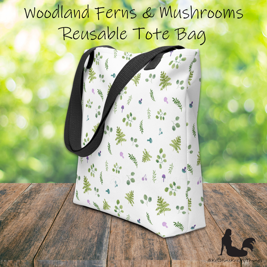 Tote Bag - Woodland Ferns and Mushrooms on White