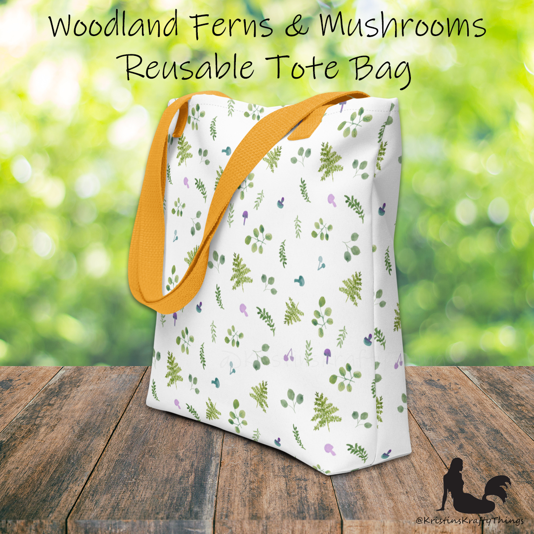 Tote Bag - Woodland Ferns and Mushrooms on White