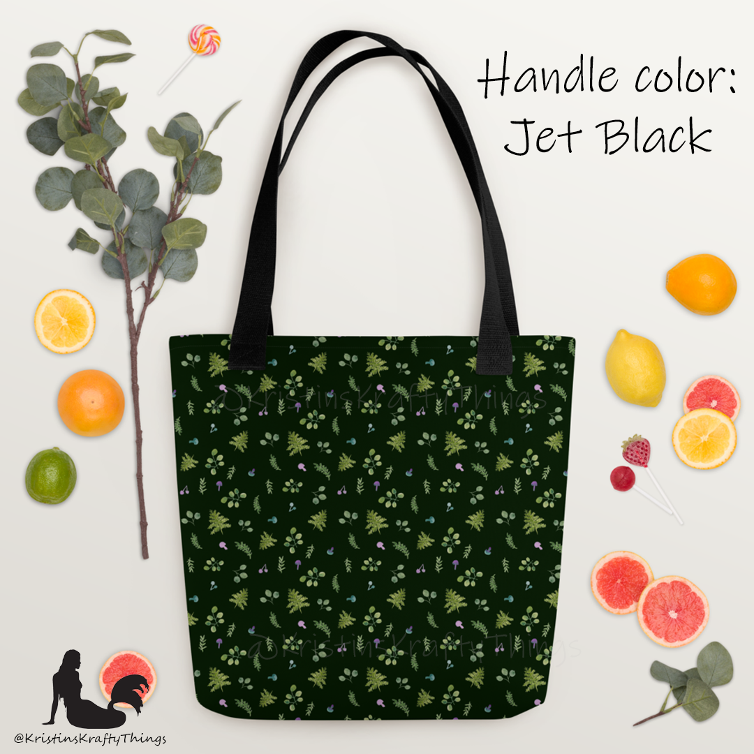 Tote Bag - Woodland Ferns and Mushrooms on Dark Green