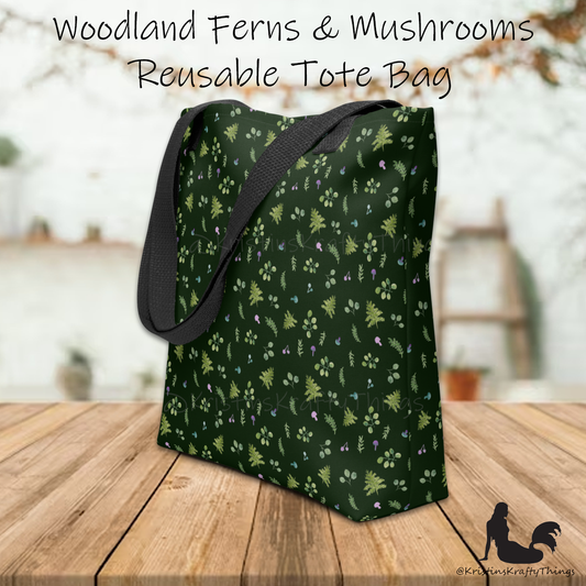 Tote Bag - Woodland Ferns and Mushrooms on Dark Green