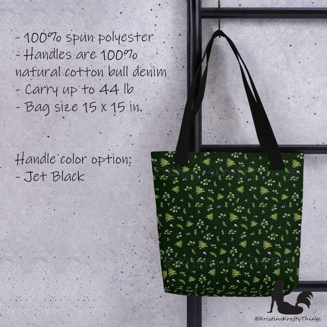 Tote Bag - Woodland Ferns and Mushrooms on Dark Green