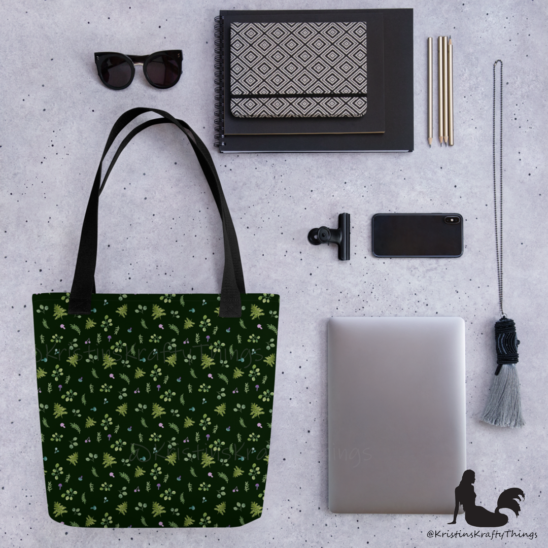 Tote Bag - Woodland Ferns and Mushrooms on Dark Green