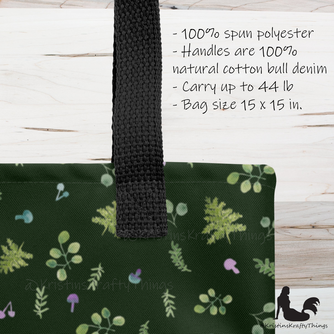 Tote Bag - Woodland Ferns and Mushrooms on Dark Green