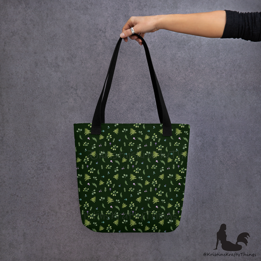 Tote Bag - Woodland Ferns and Mushrooms on Dark Green