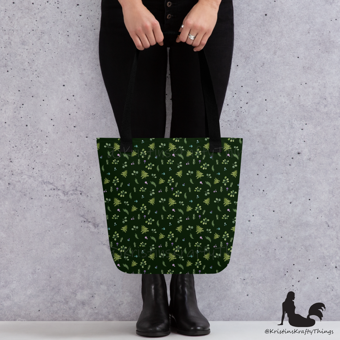 Tote Bag - Woodland Ferns and Mushrooms on Dark Green