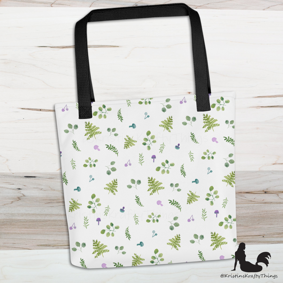 Tote Bag - Woodland Ferns and Mushrooms on White