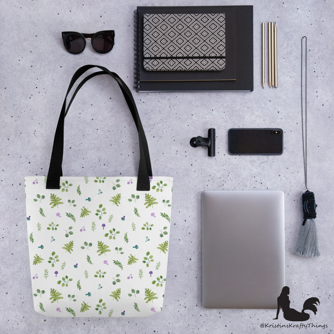 Tote Bag - Woodland Ferns and Mushrooms on White