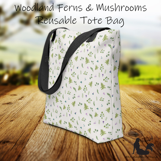 Tote Bag - Woodland Ferns and Mushrooms on Off-White