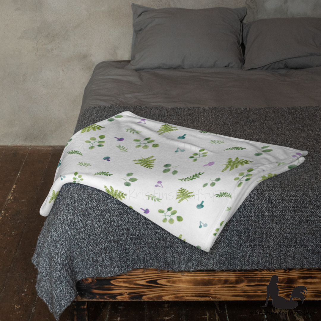 Throw Blanket - Woodland Ferns and Mushrooms Fleece Blanket
