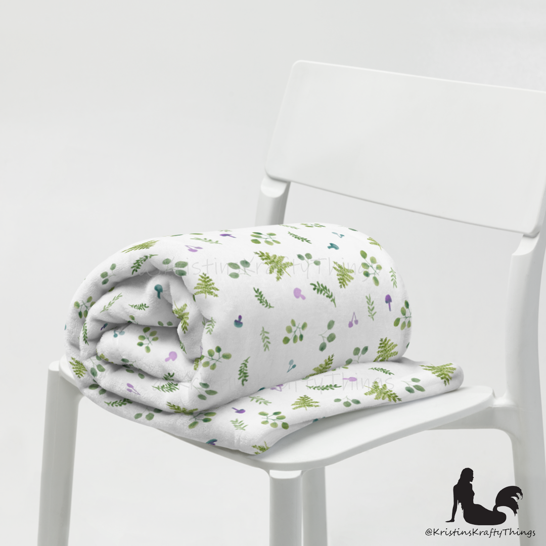 Throw Blanket - Woodland Ferns and Mushrooms Fleece Blanket