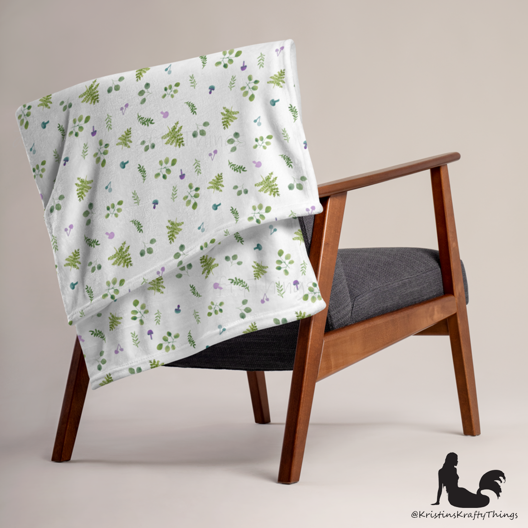 Throw Blanket - Woodland Ferns and Mushrooms Fleece Blanket
