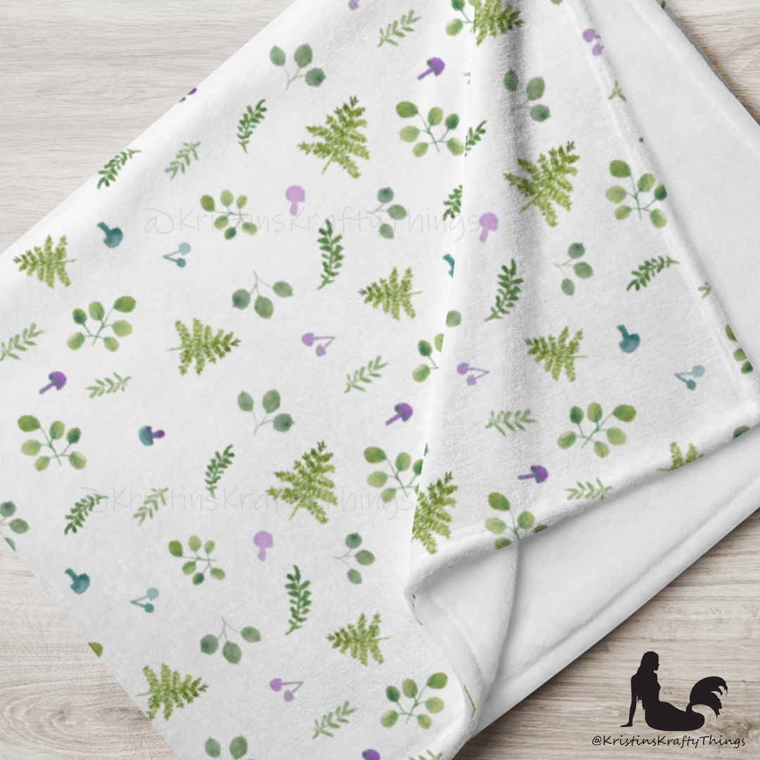 Throw Blanket - Woodland Ferns and Mushrooms Fleece Blanket
