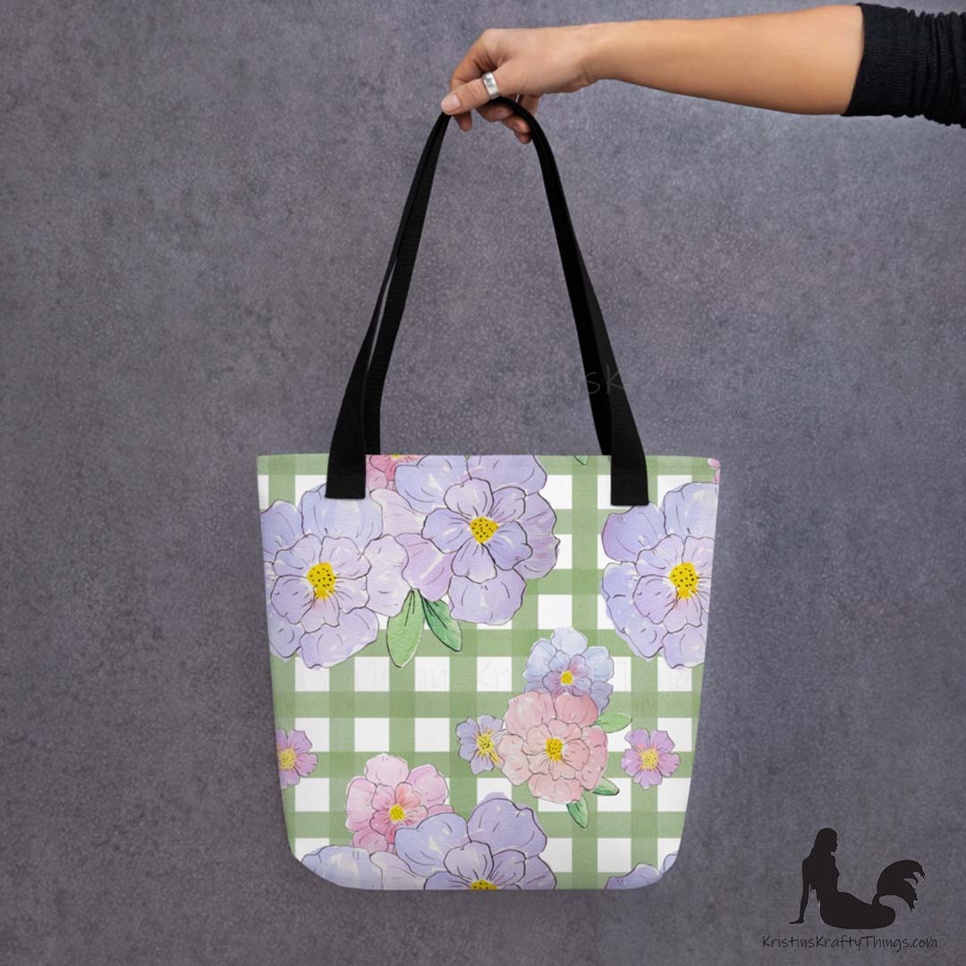 Tote Bag - Lavender Flowers on Green Gingham
