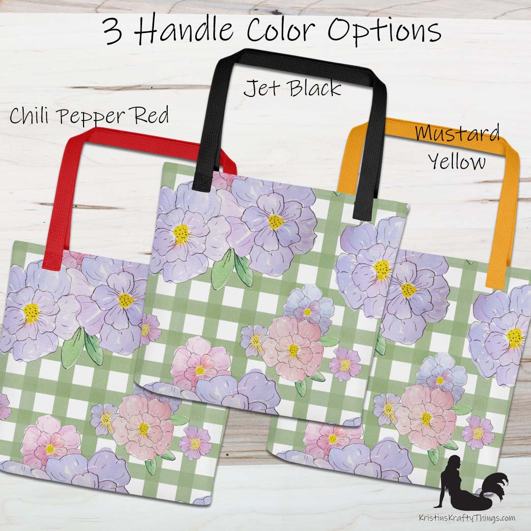 Tote Bag - Lavender Flowers on Green Gingham