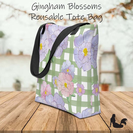 Tote Bag - Lavender Flowers on Green Gingham