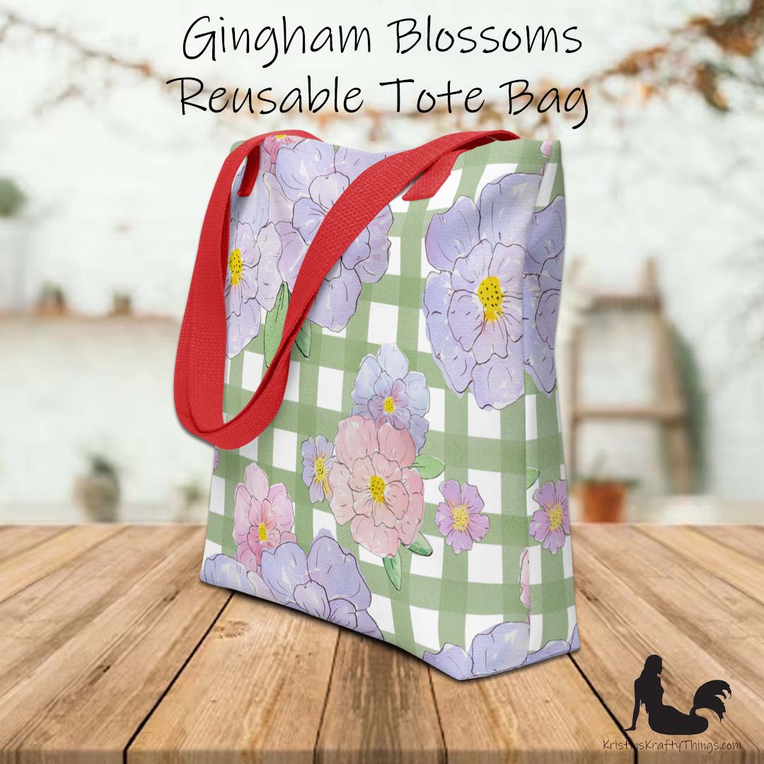 Tote Bag - Lavender Flowers on Green Gingham