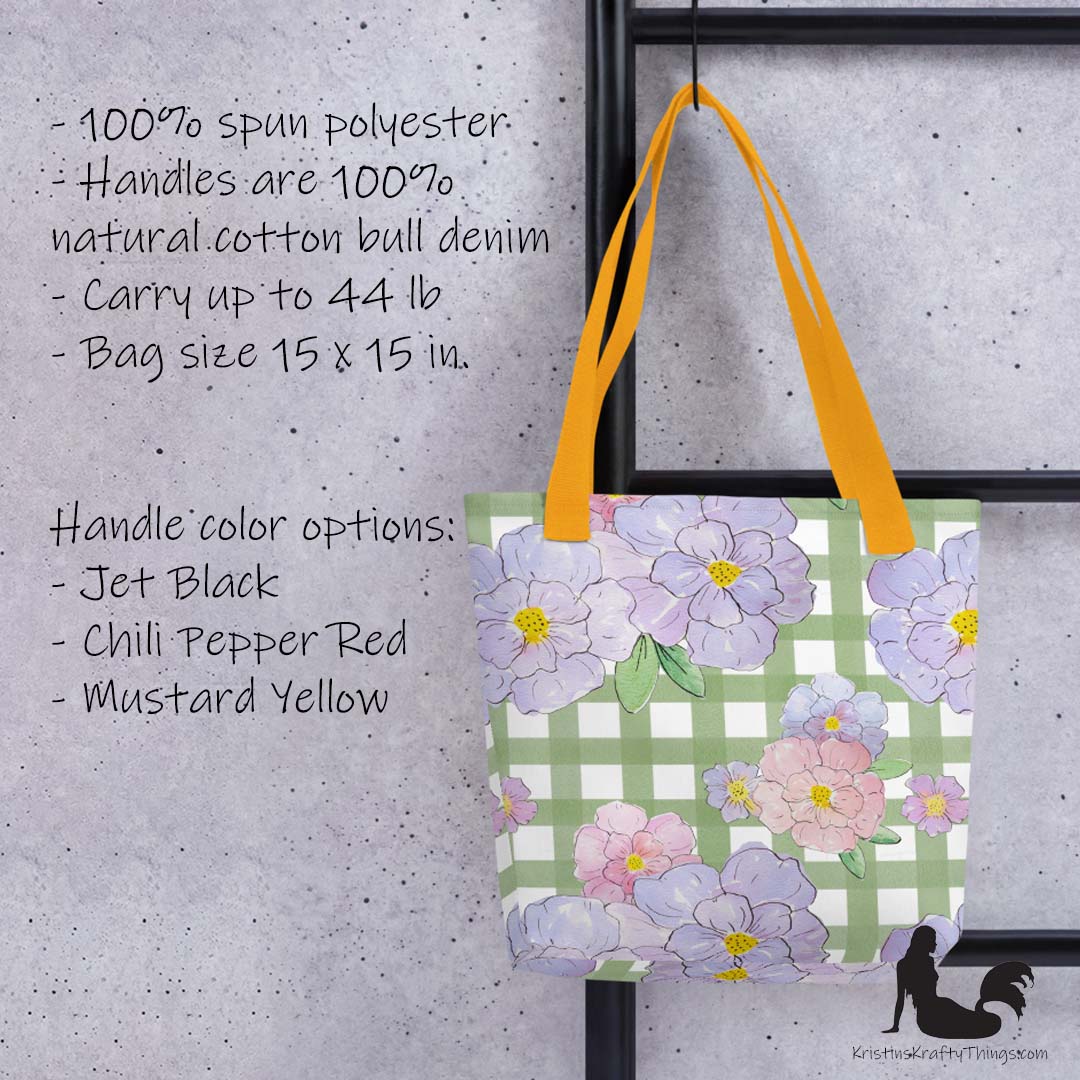 Tote Bag - Lavender Flowers on Green Gingham