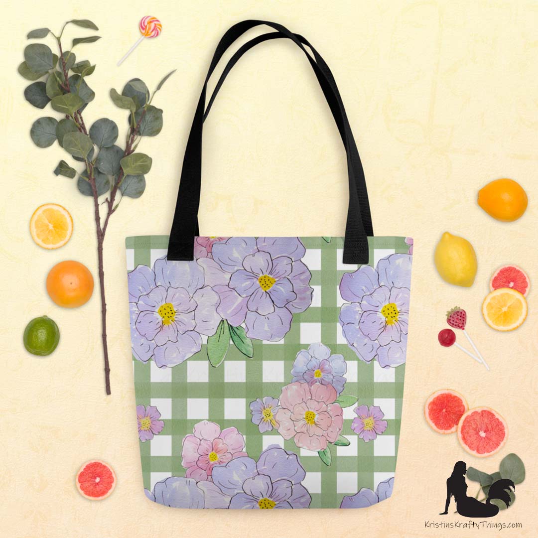 Tote Bag - Lavender Flowers on Green Gingham