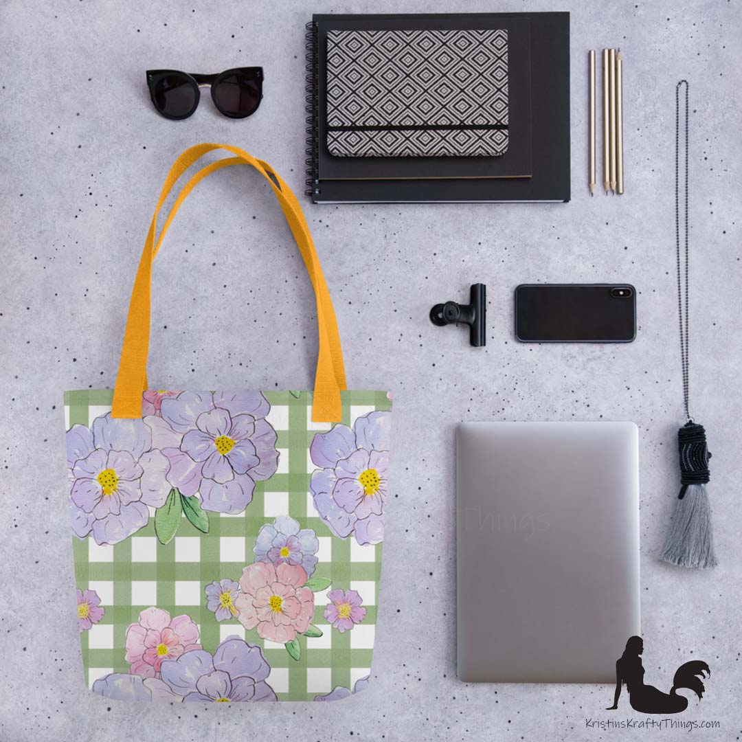 Tote Bag - Lavender Flowers on Green Gingham