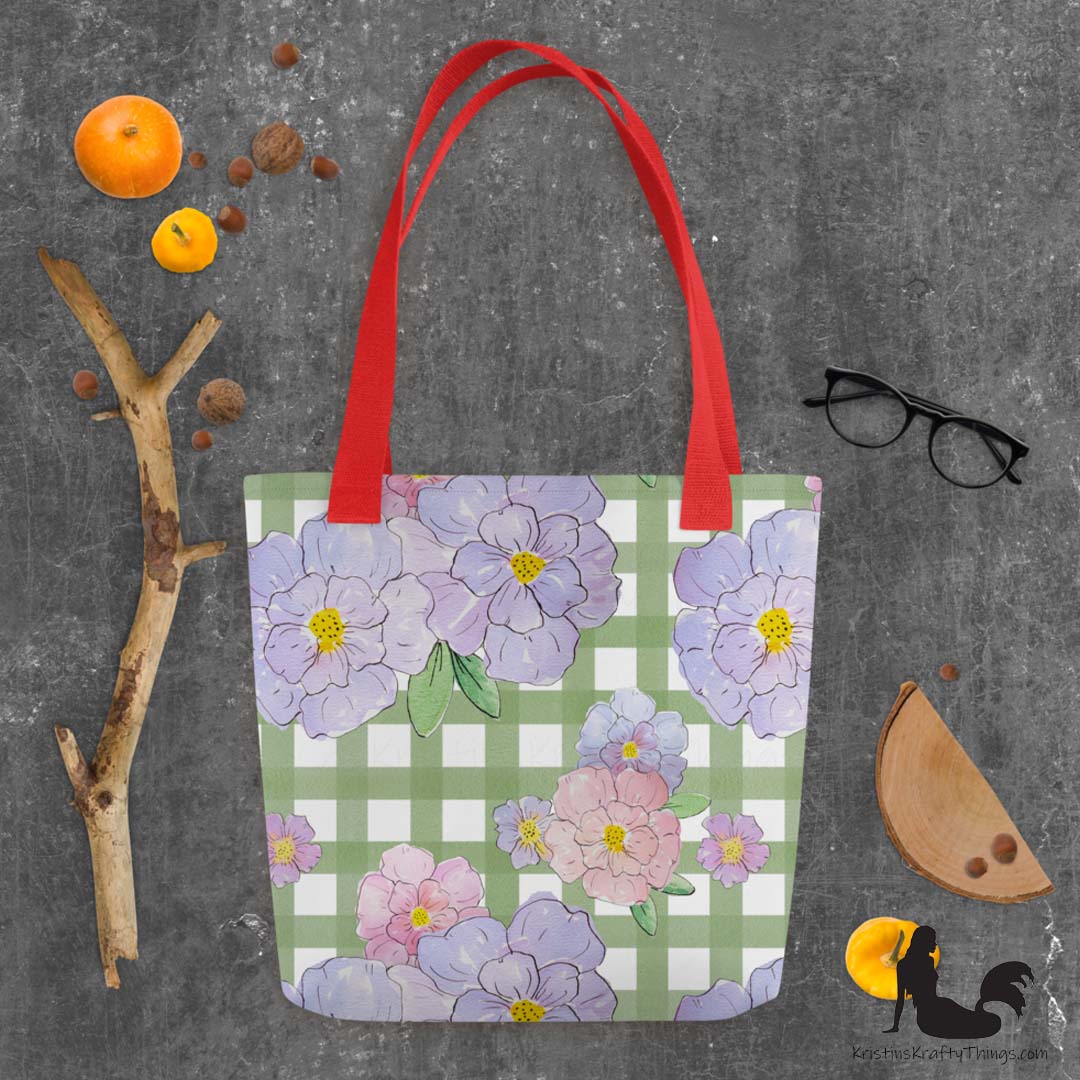 Tote Bag - Lavender Flowers on Green Gingham
