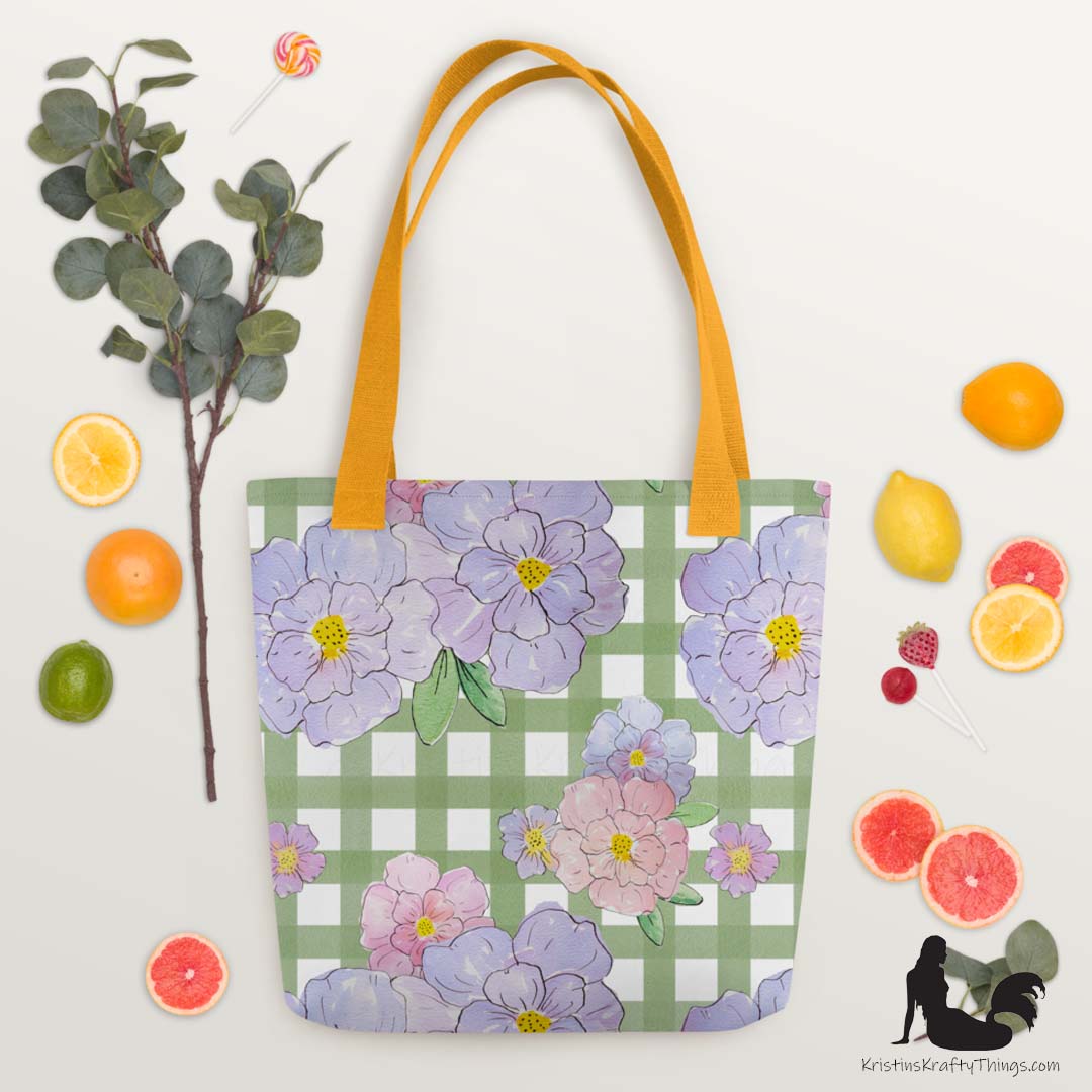 Tote Bag - Lavender Flowers on Green Gingham