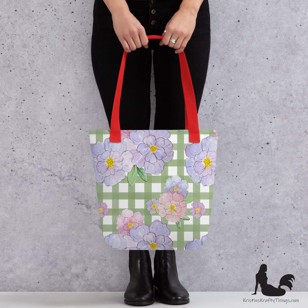 Tote Bag - Lavender Flowers on Green Gingham