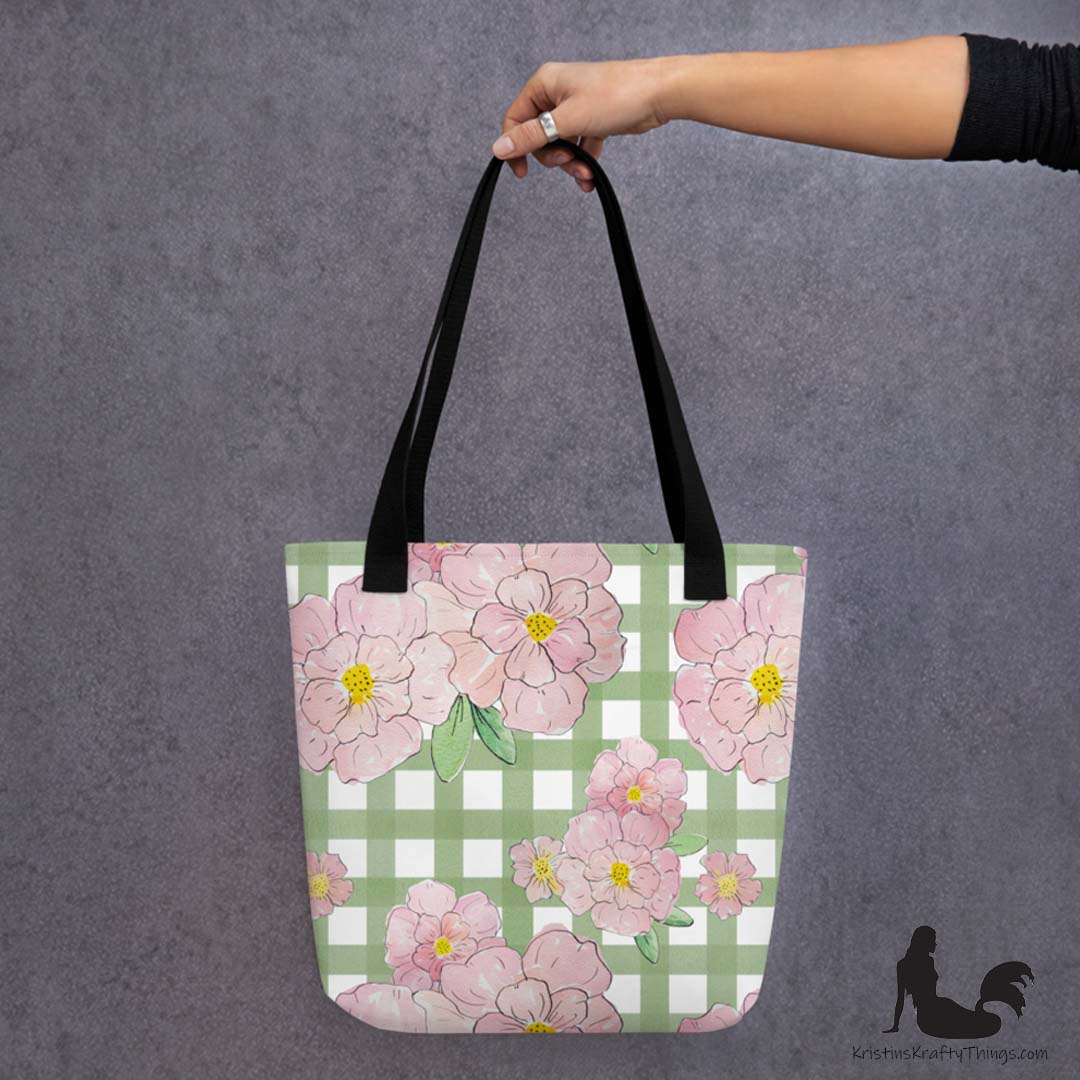 Tote Bag - Pink Flowers on Green Gingham