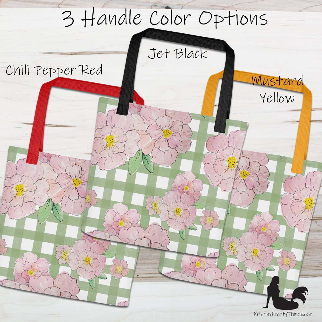 Tote Bag - Pink Flowers on Green Gingham