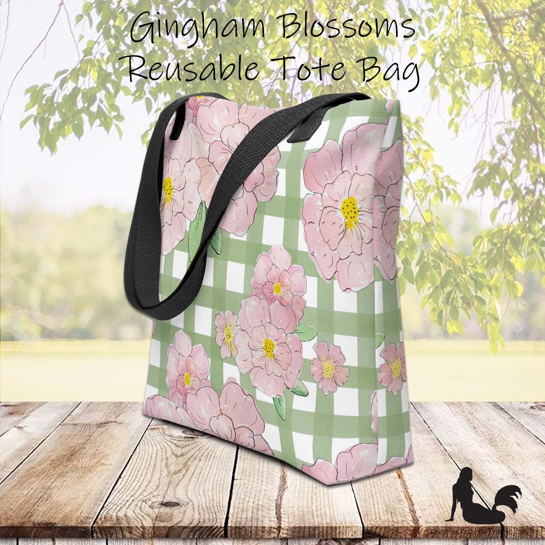 Tote Bag - Pink Flowers on Green Gingham