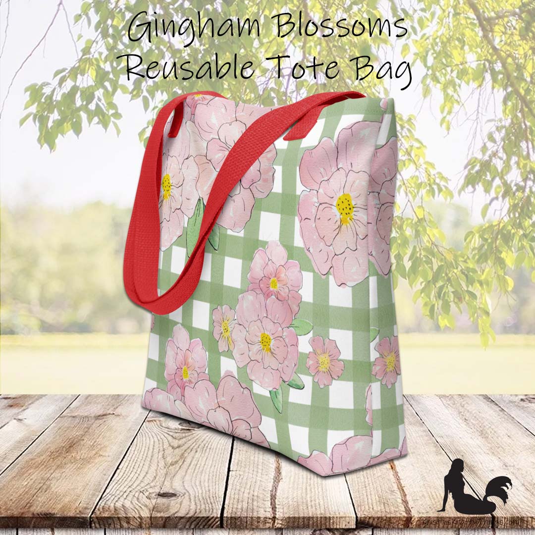 Tote Bag - Pink Flowers on Green Gingham