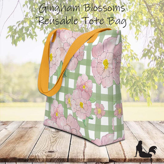 Tote Bag - Pink Flowers on Green Gingham
