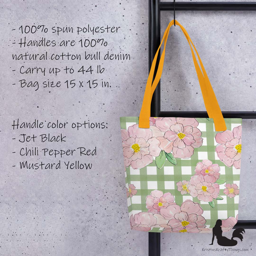 Tote Bag - Pink Flowers on Green Gingham