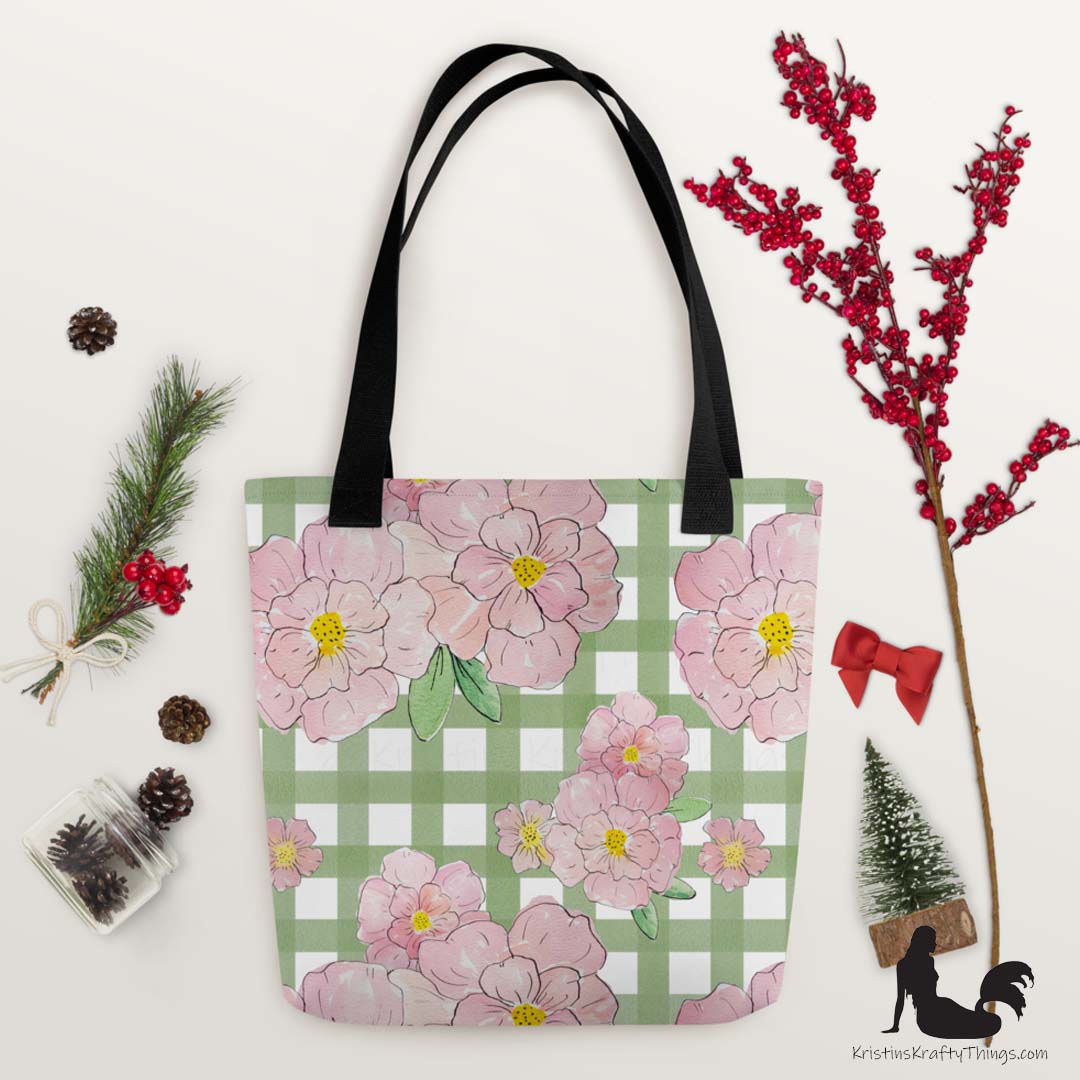 Tote Bag - Pink Flowers on Green Gingham