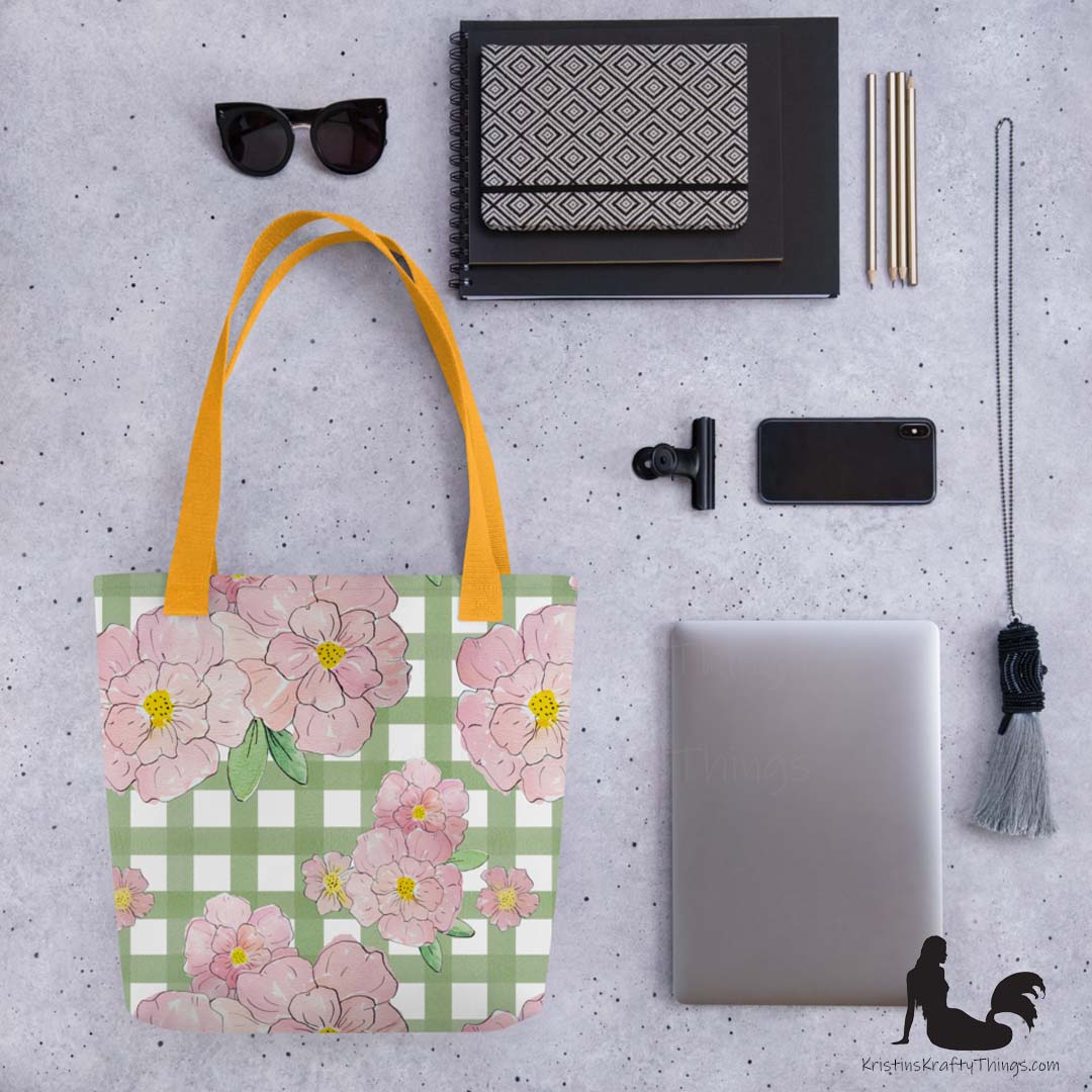 Tote Bag - Pink Flowers on Green Gingham