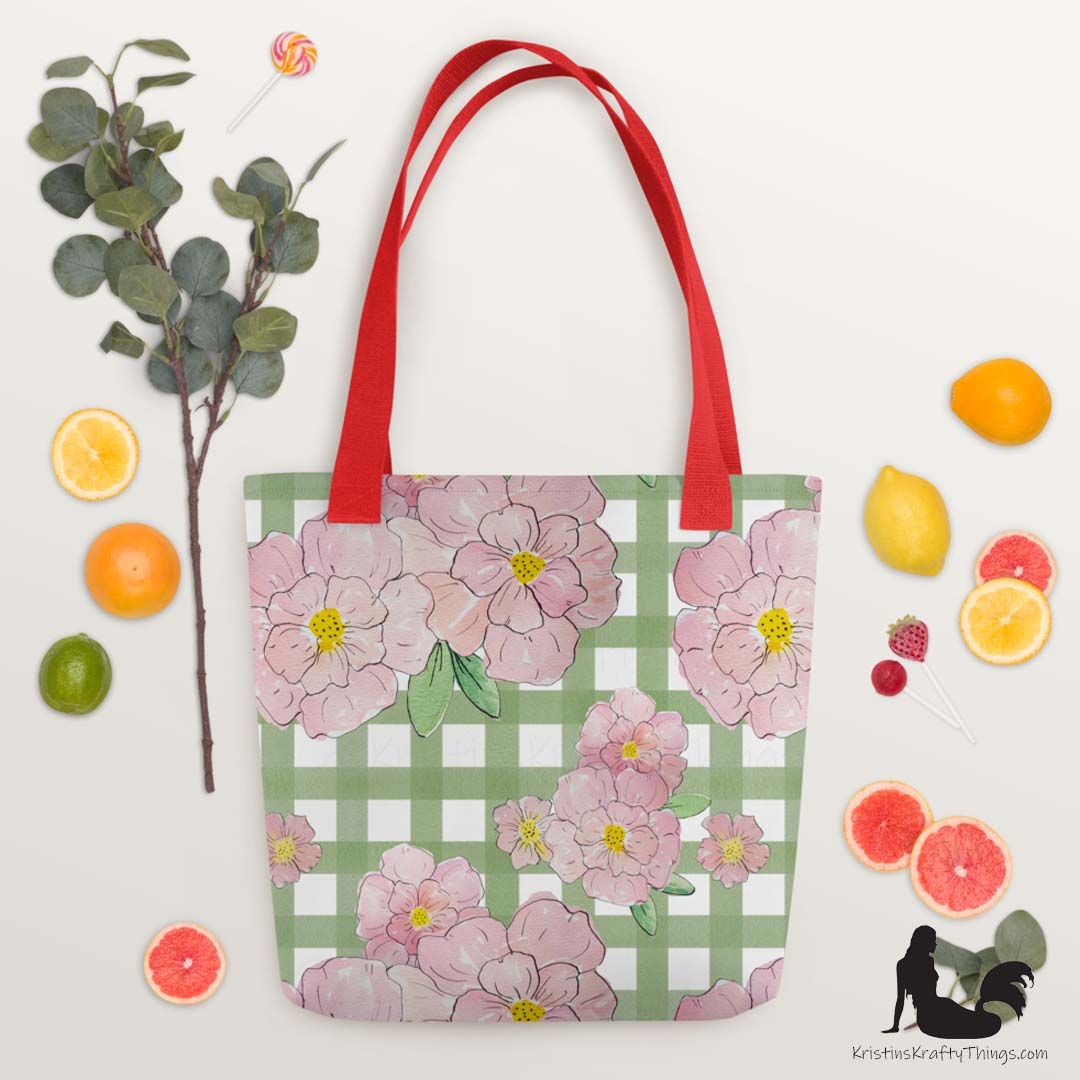 Tote Bag - Pink Flowers on Green Gingham