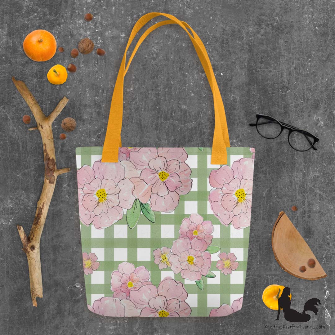Tote Bag - Pink Flowers on Green Gingham