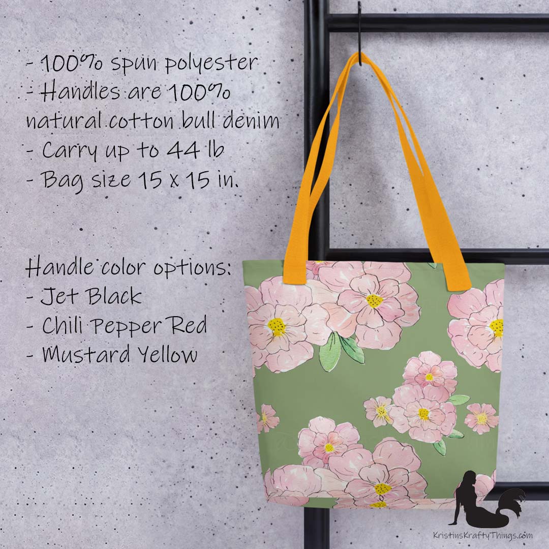 Tote Bag - Pink Flowers on Green