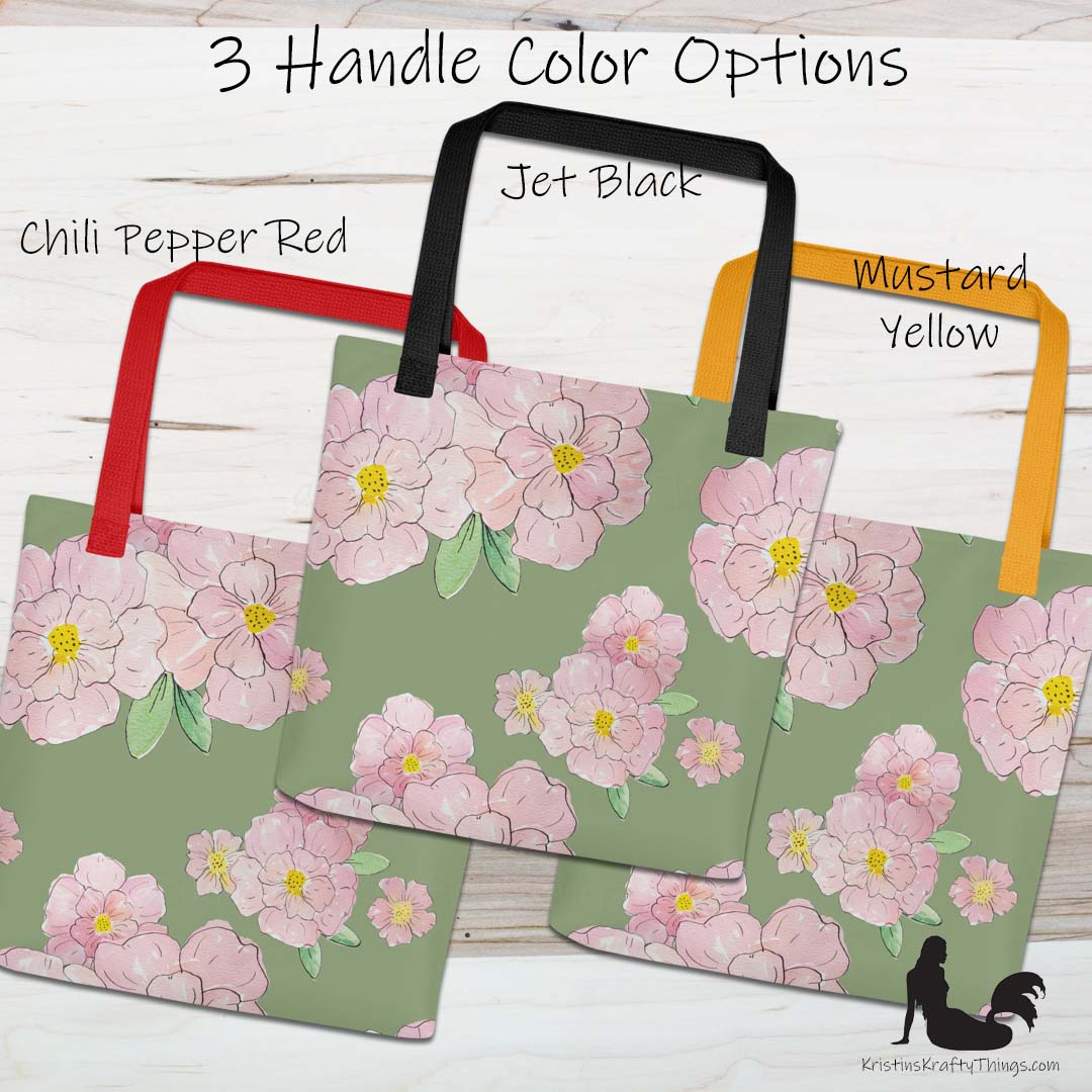 Tote Bag - Pink Flowers on Green