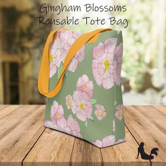 Tote Bag - Pink Flowers on Green