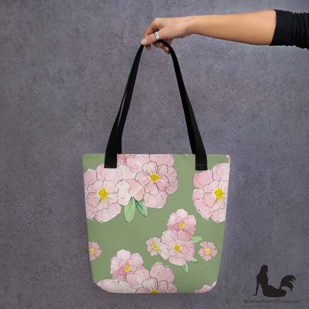 Tote Bag - Pink Flowers on Green