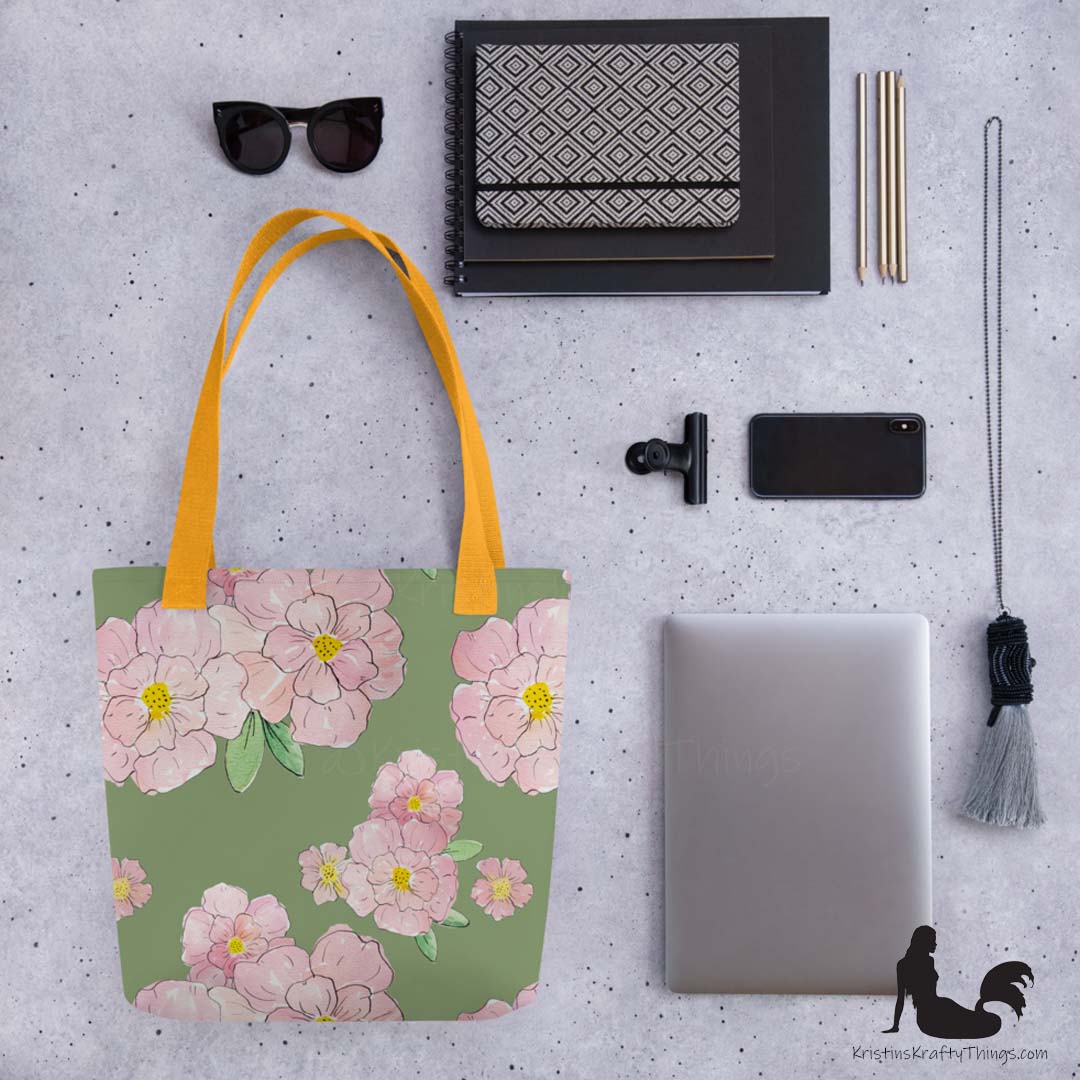 Tote Bag - Pink Flowers on Green