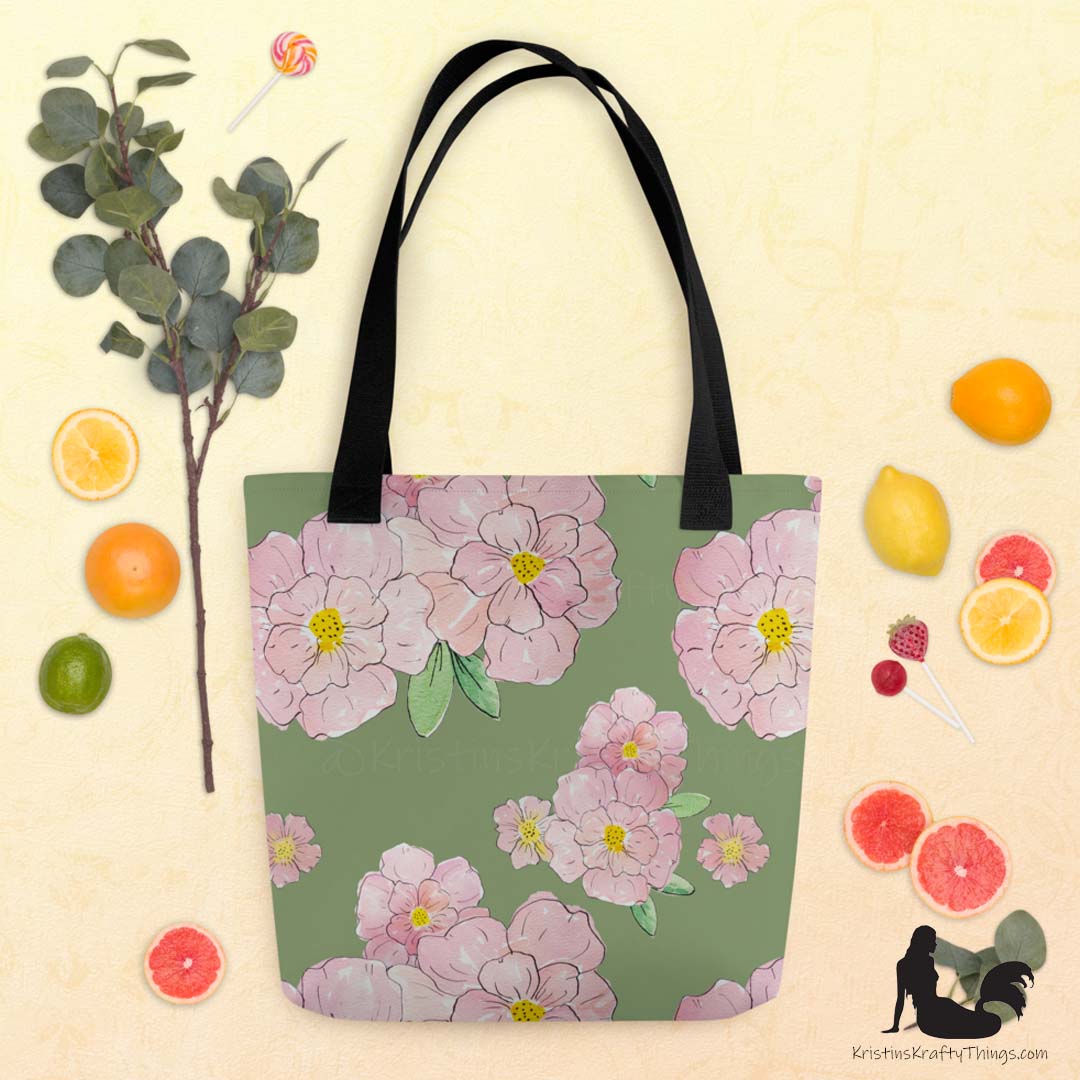 Tote Bag - Pink Flowers on Green