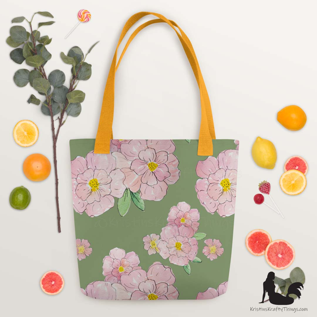 Tote Bag - Pink Flowers on Green