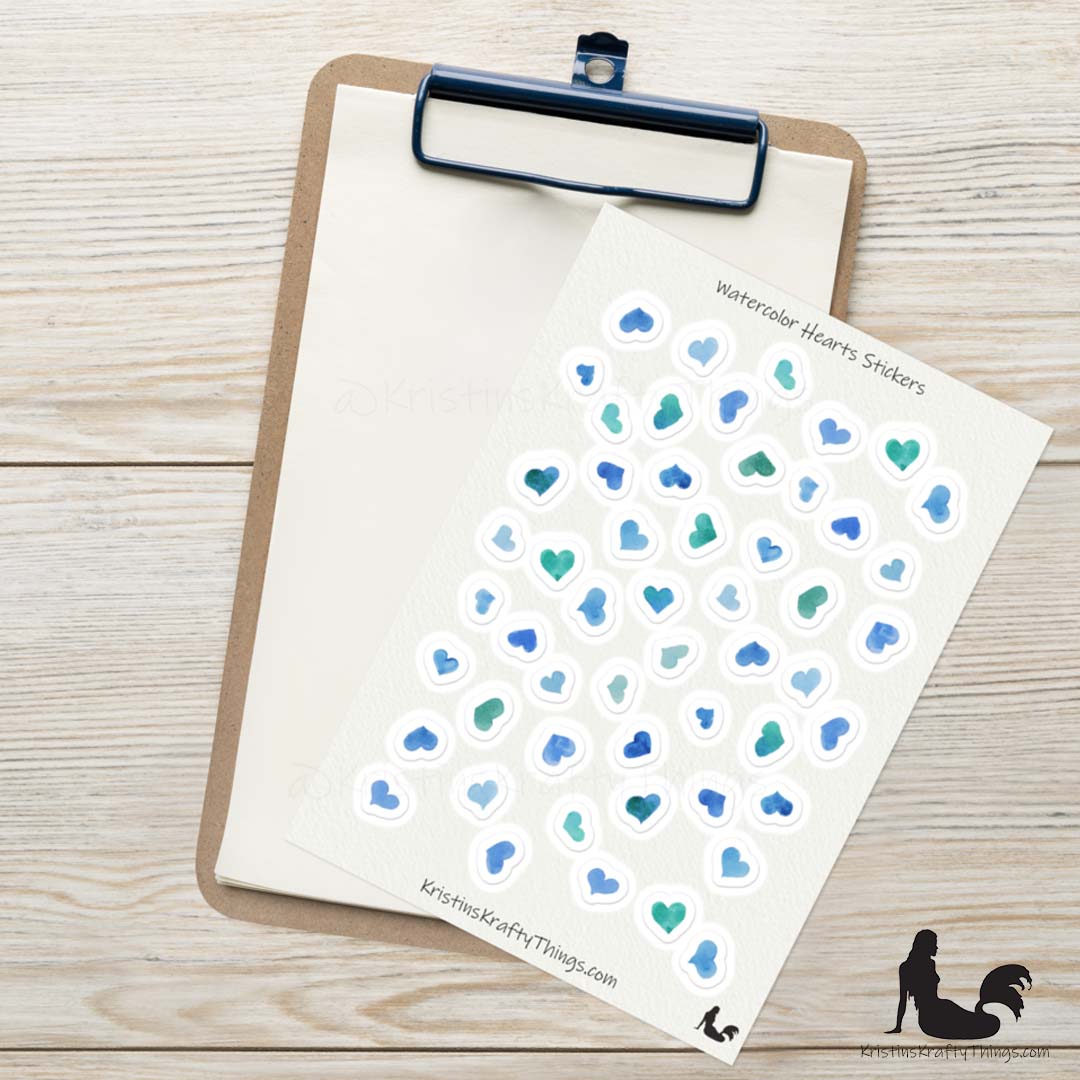Sticker Sheet - Blue Watercolor Hearts Stickers
