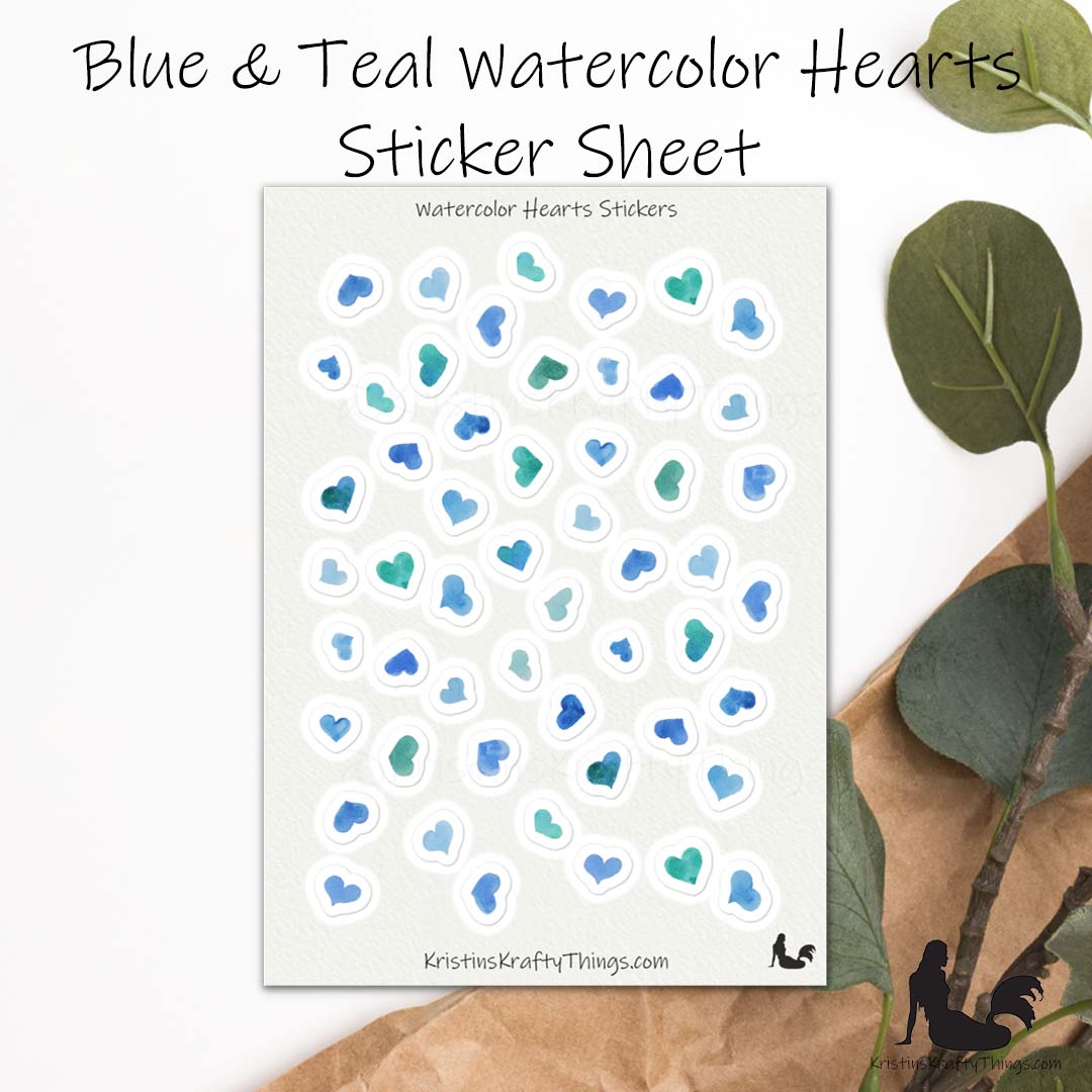 Sticker Sheet - Blue Watercolor Hearts Stickers