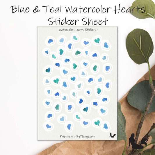 Sticker Sheet - Blue Watercolor Hearts Stickers