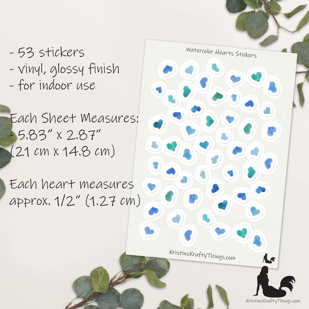 Sticker Sheet - Blue Watercolor Hearts Stickers