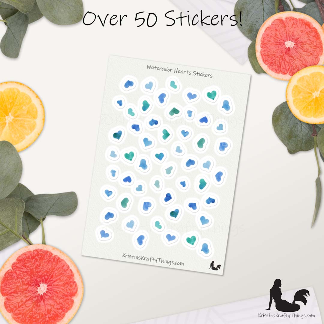 Sticker Sheet - Blue Watercolor Hearts Stickers