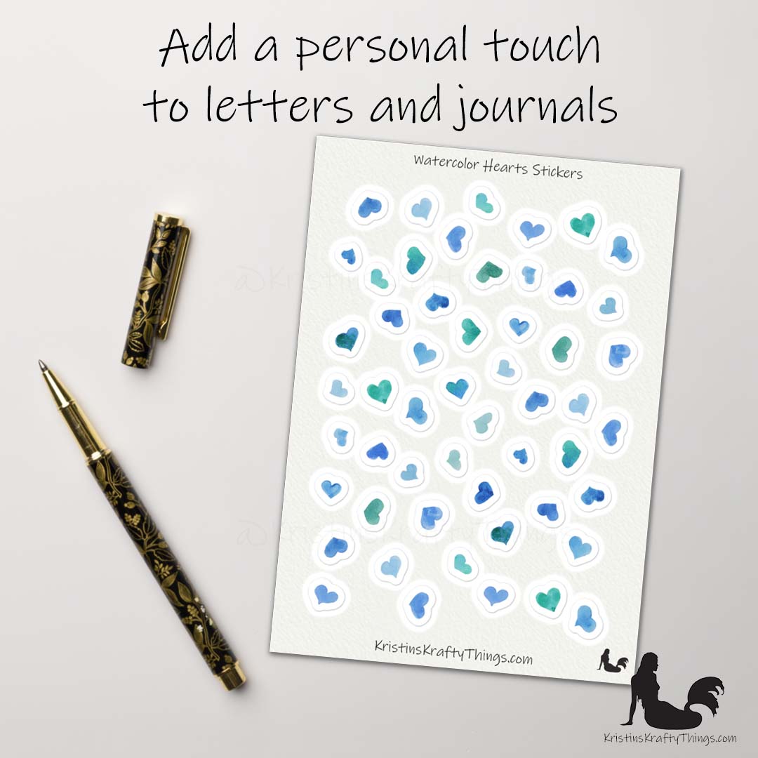 Sticker Sheet - Blue Watercolor Hearts Stickers